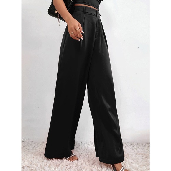 High Waist Plicated Detail Satin Tailored wide leg dress Pants black - Picture 4 of 6